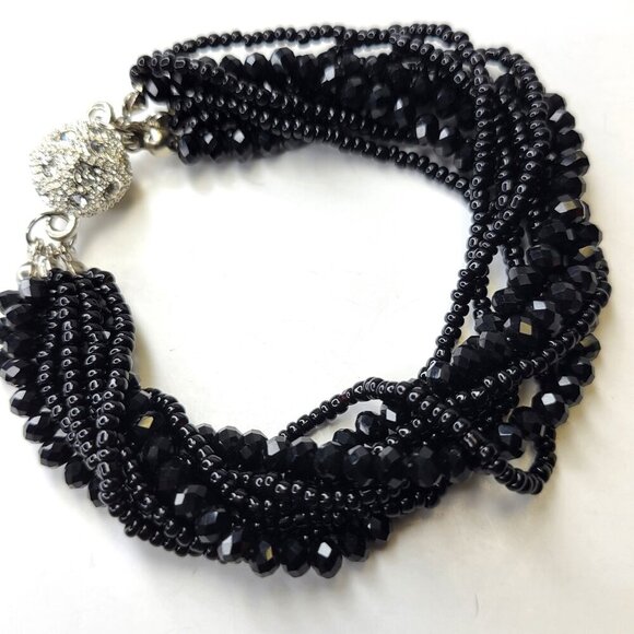 Black Twisted Crystal Bracelet Braided Beads Half Moon Crystal Magnetic Clasp - Picture 1 of 7